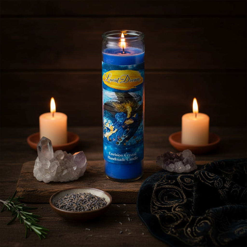 Lucid Dream Aromatic Jar Candle, styled on altar