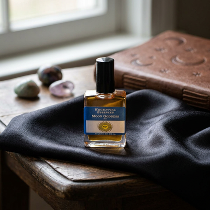 Full-body scene of Moon Goddess Isis perfume oil bottle on silk cloth over wood table, emphasizing tranquility and sacred ambiance.
