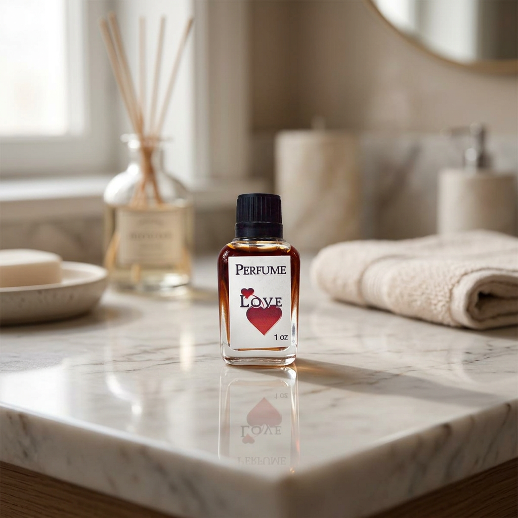 Full-body scene of the 1oz Love perfume bottle on a polished marble counter in a sophisticated bathroom setting, with natural lighting and elegant decor.