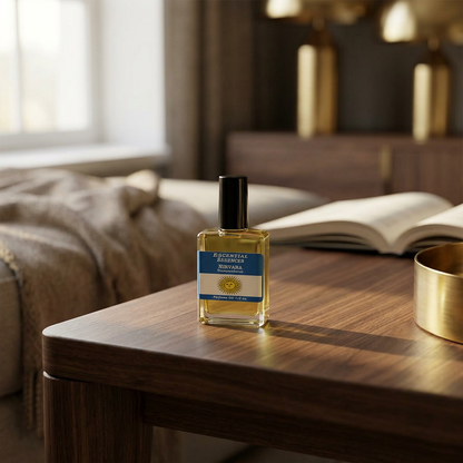 Full-body scene of Nirvana Perfume Oil bottle on dark wooden surface, illuminated by warm sunlight, showcasing elegant size and transparency.