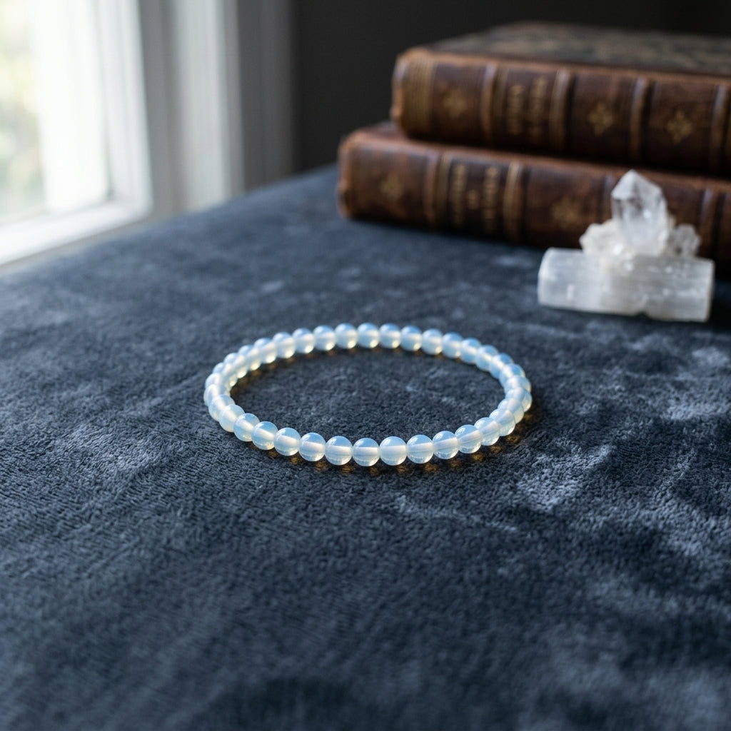Opalite beaded bracelet, 4mm, resting on deep-toned velvet, capturing its glow, micro-texture, and refined elegance in a tranquil setting.