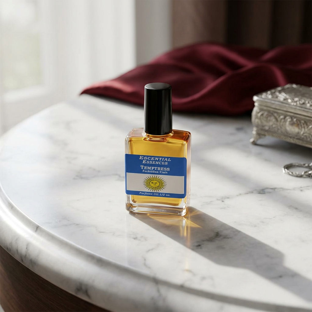 Full-body scene showcasing the 1/2oz Temptress Escential Essences oil on a textured marble vanity with silk fabrics, soft lighting, and sensual decor highlighting its delicate charm.
