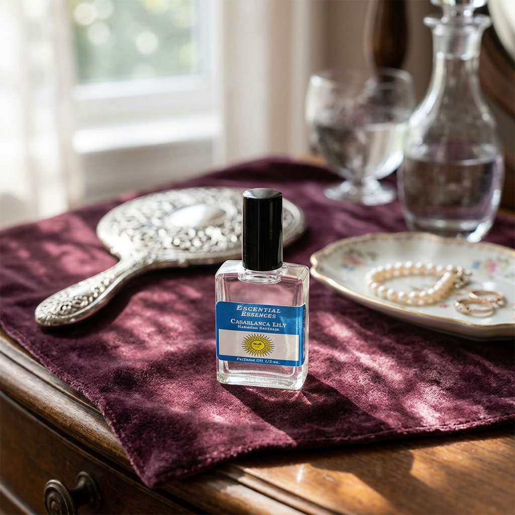 Professional scene of Casablanca Lily Perfume Oil on velvet on a vanity, with soft lighting highlighting the bottle's micro-texture and elegance.