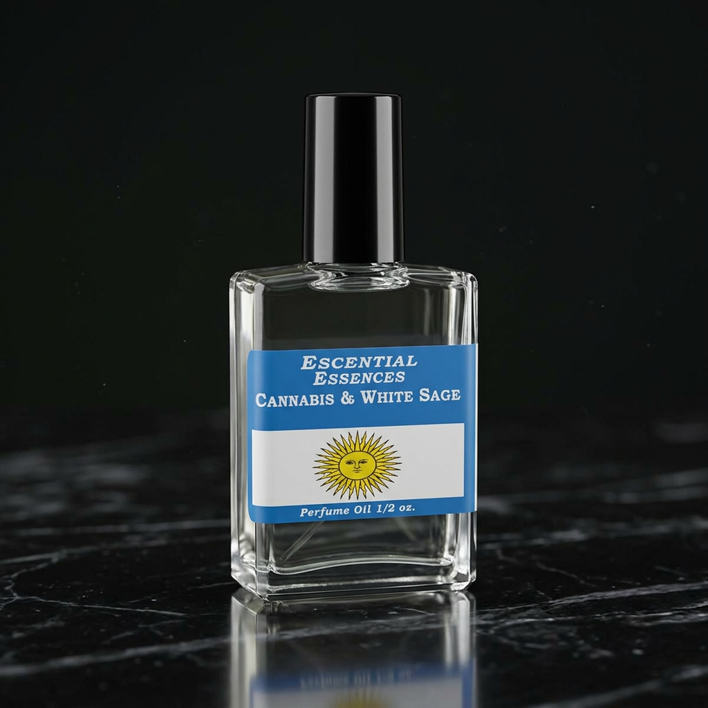Close-up of perfume oil bottle on black marble with reflective surface and studio lighting, showcasing premium quality details.