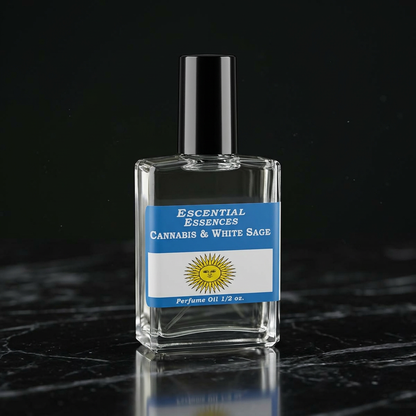 Close-up of perfume oil bottle on black marble with reflective surface and studio lighting, showcasing premium quality details.