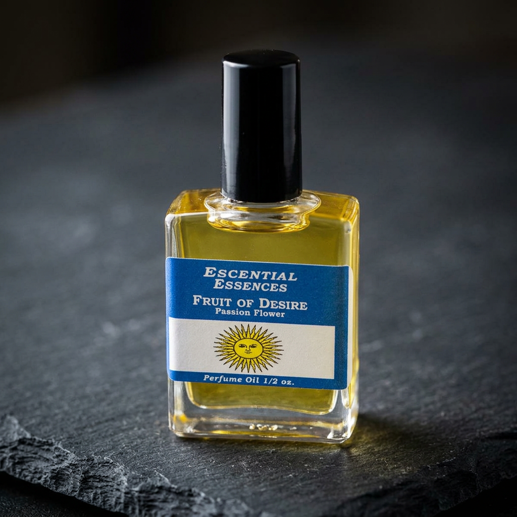 Highly detailed close-up of the Passion Fruit Seduction Perfume Oil bottle showcasing micro-texture and rich hue against a dark matte background.