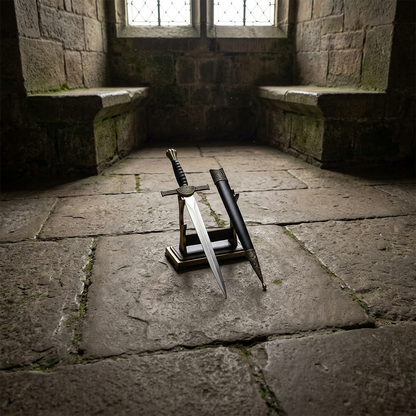 Diagonally placed 12-inch Macleod sword against a textured stone wall with natural lighting highlighting engraved details and true colors.