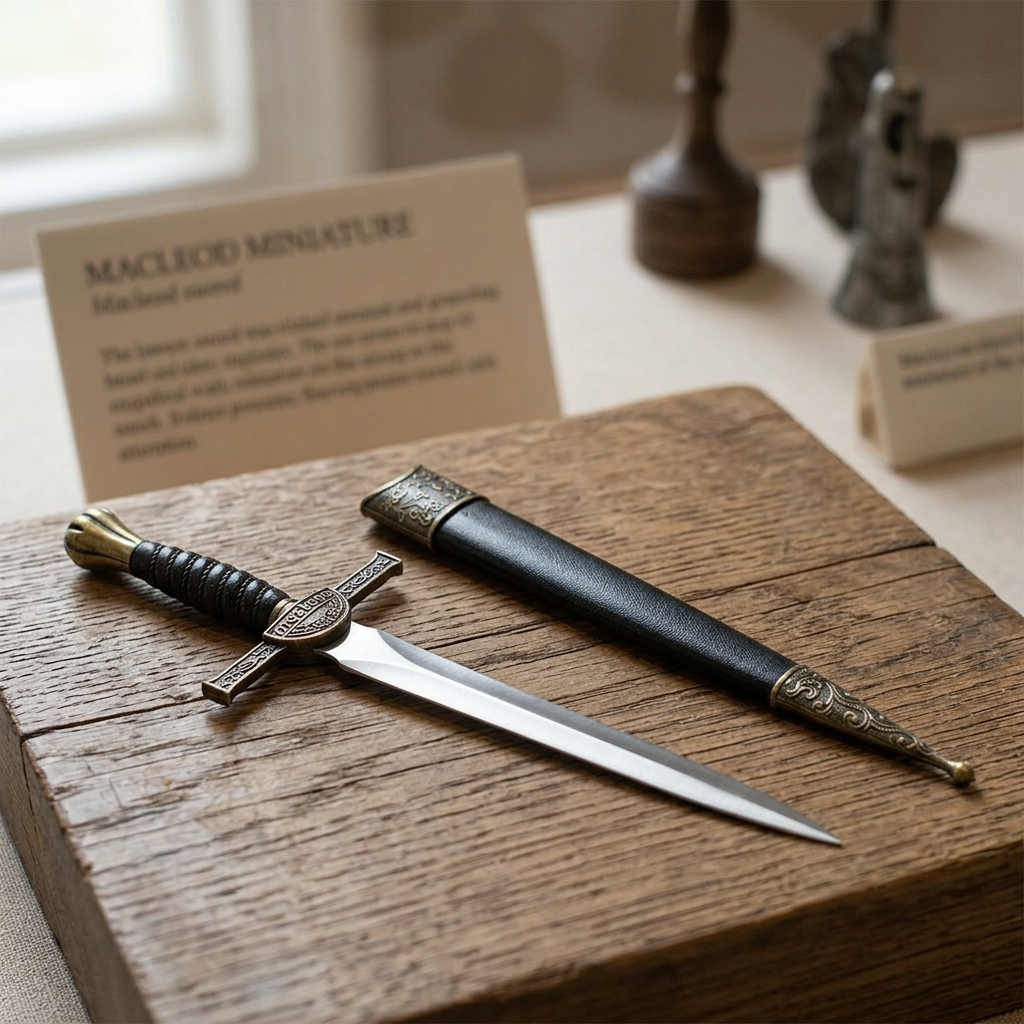 Full-body display of the 12-inch Macleod sword standing upright on a pedestal in a museum environment with soft natural lighting and a blurred informational placard.
