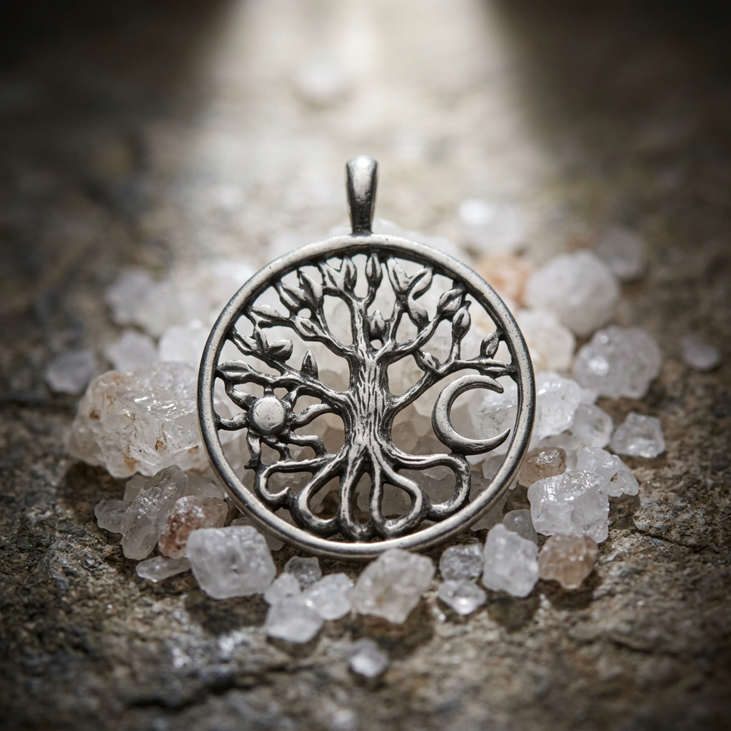 Highly detailed macro shot of Celtic Tree of Life pewter amulet on salt crystals, emphasizing micro-texture and spiritual ambiance.