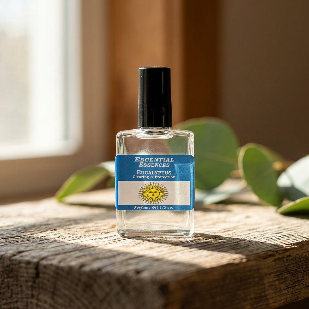 Close-up of 1/2oz eucalyptus perfume oil bottle on wooden surface, highlighting glass texture and natural light for a serene feel.