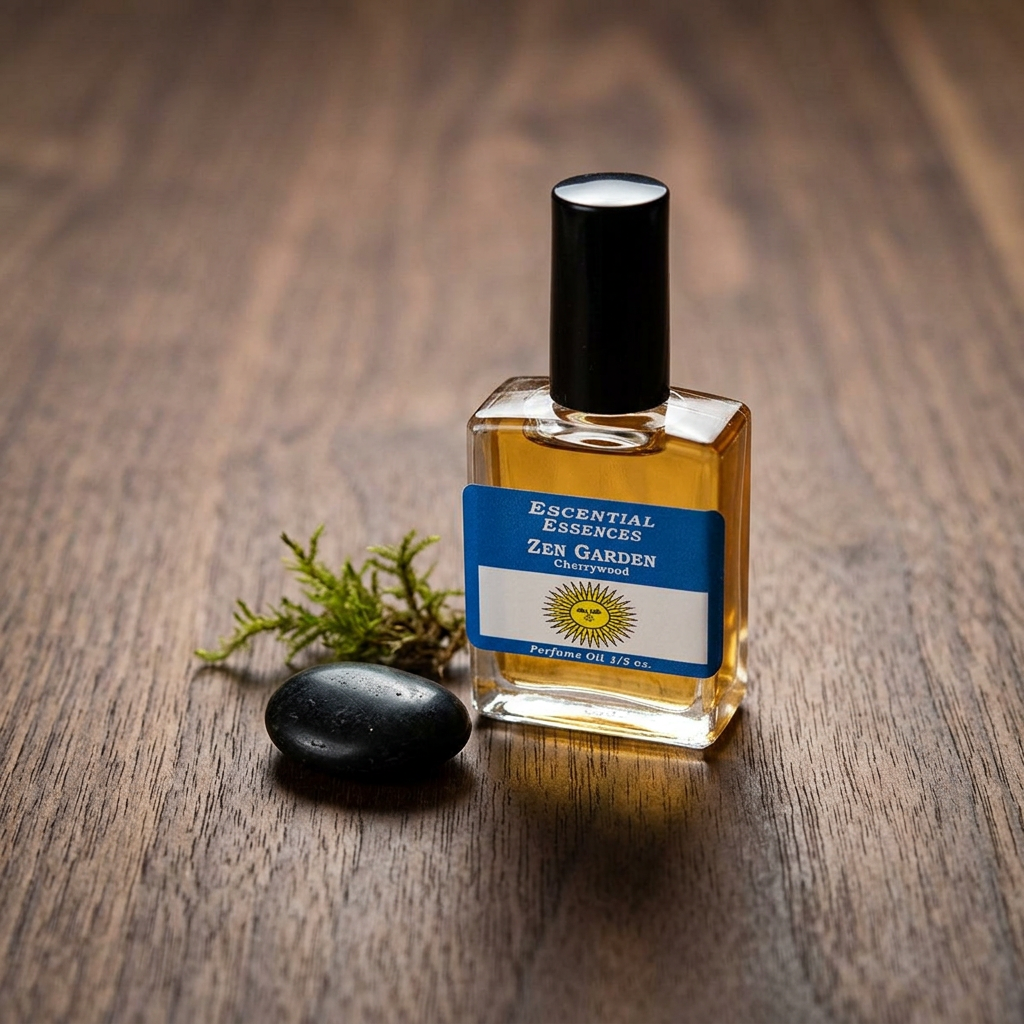 High-resolution macro of Zen Garden essential oil bottle showing glass texture and branding on dark wood background with natural light.