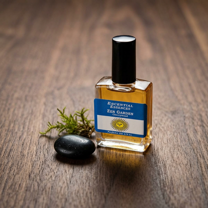 High-resolution macro of Zen Garden essential oil bottle showing glass texture and branding on dark wood background with natural light.