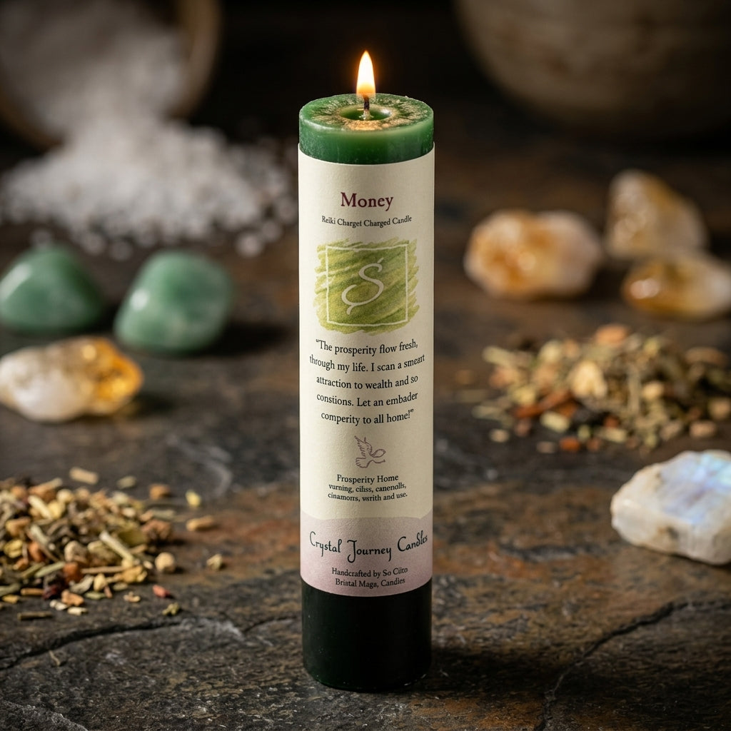 Macro image of a tiny white Money Reiki Charged Pillar Candle highlighting wax textures and micro-details with a warm candle flame.
