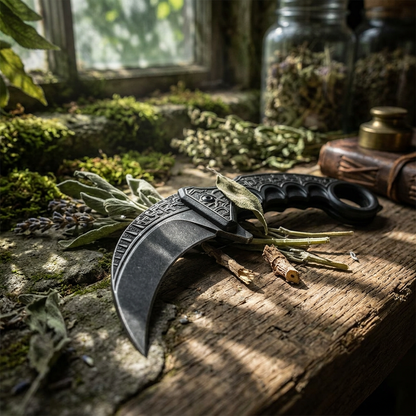 Macro view of the sharp stainless steel blade of the folding pruning tool, emphasizing micro-textures, scratches, and high-quality polished surface.