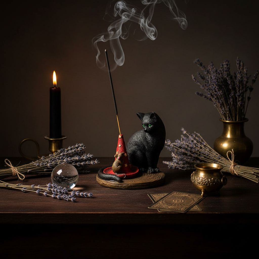 Magical Cat & Mouse Incense Holder, styled on altar