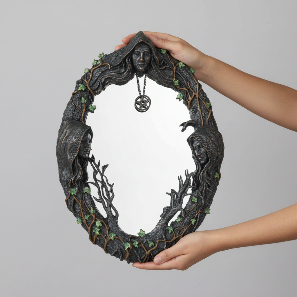 Maiden, Mother, Crone Wall Mirror, 17 Inches, held in hand