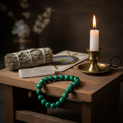 Malachite Bracelet, 8mm Beads, styled on altar