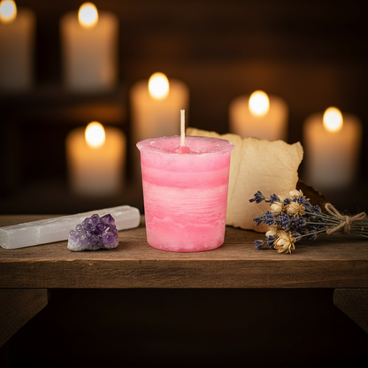 Manifest A Miracle Herbal - pink, styled on altar