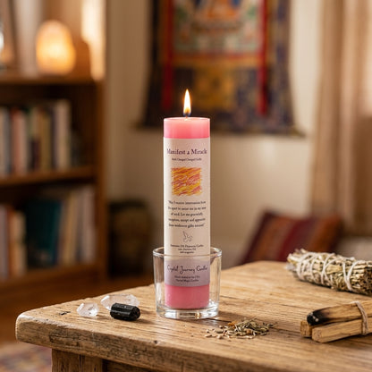 Small Reiki Charged Pillar Candle on wooden altar with crystals and herbs in a meditative space, emitting a warm, calming glow.
