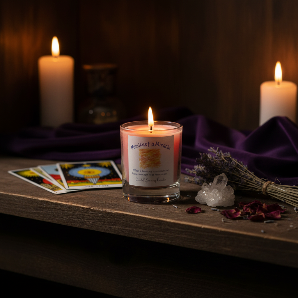 Manifest a Miracle Soy Votive Candle, styled on altar