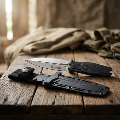 Photorealistic 9 1/2-inch USMC Marines athame on rugged wooden surface, with natural sunlight highlighting satin finish and micro-texture details.