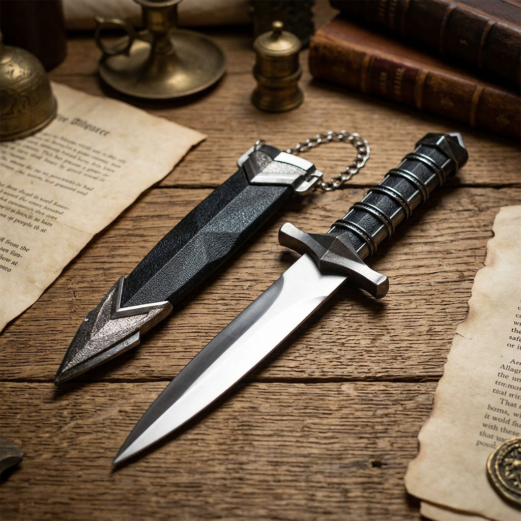 Full view of a 9 1/2 inch medieval athame with molded handle on rustic wood, showcasing traditional design and polished blade in warm ambient light.