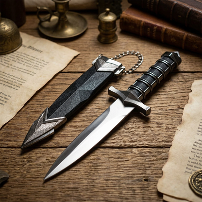 Full view of a 9 1/2 inch medieval athame with molded handle on rustic wood, showcasing traditional design and polished blade in warm ambient light.