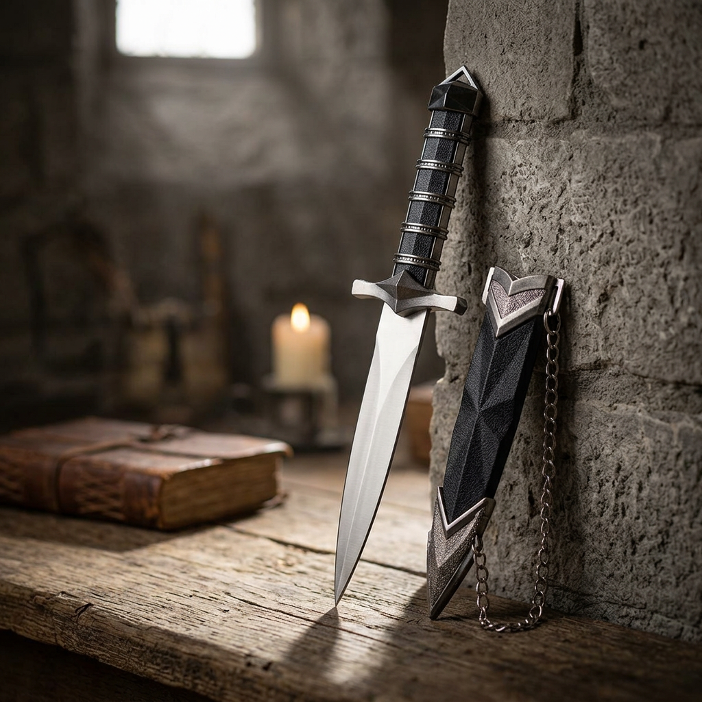 Medium shot of a 9 1/2 inch medieval athame leaning against a textured stone wall, illuminated by directional sunlight emphasizing craftsmanship and historical feel.