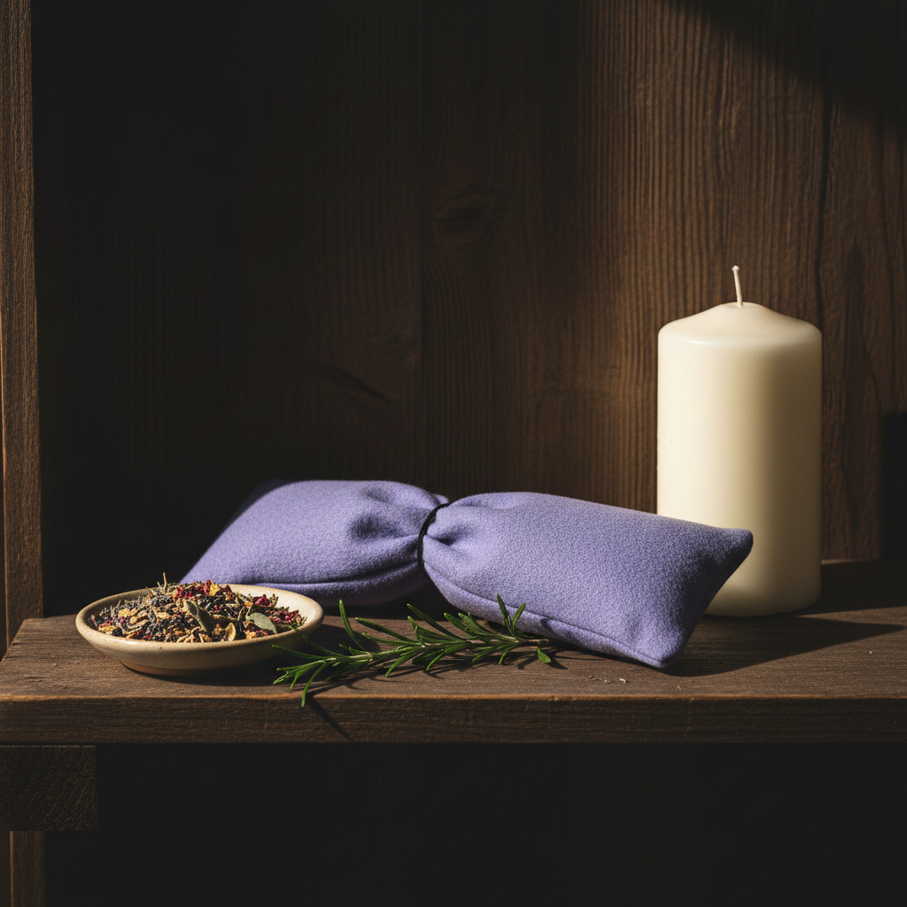 Meditation Eye Pillow, Rosemary & Lemongrass, styled on altar