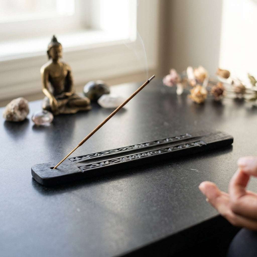 Full-length black ash catcher on reflective surface in meditative corner, emphasizing textured wood and spiritual ambiance.
