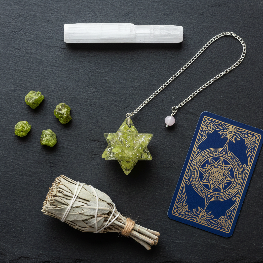 Merkaba Peridot Orgone Pendulum, alternate view