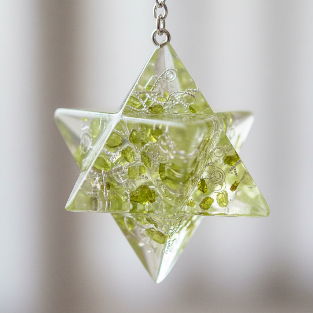 Merkaba Peridot Orgone Pendulum, detail view