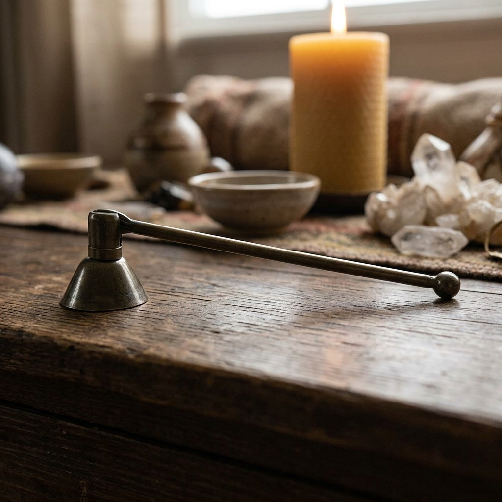 Small 5-inch metal candle snuffer on dark wooden altar, highlighted by natural light, emphasizing texture and ritualistic atmosphere.