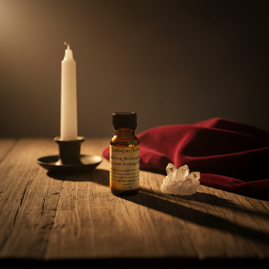Metatron Lailokens Awen Oil, 15ml, styled on altar