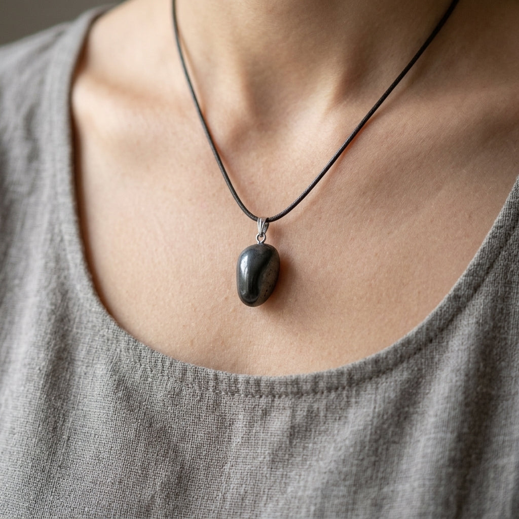 Close-up of shungite pendant on textured fabric, showcasing matte finish, microstructure, and subtle grey streaks.