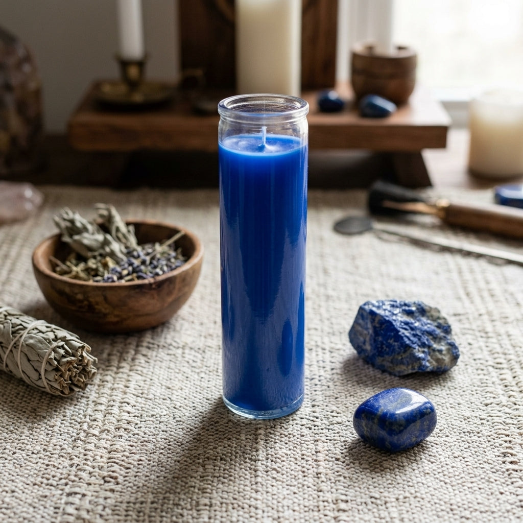 Close-up of the blue 7-day jar candle with ritual objects like herbs and crystals in a peaceful room.