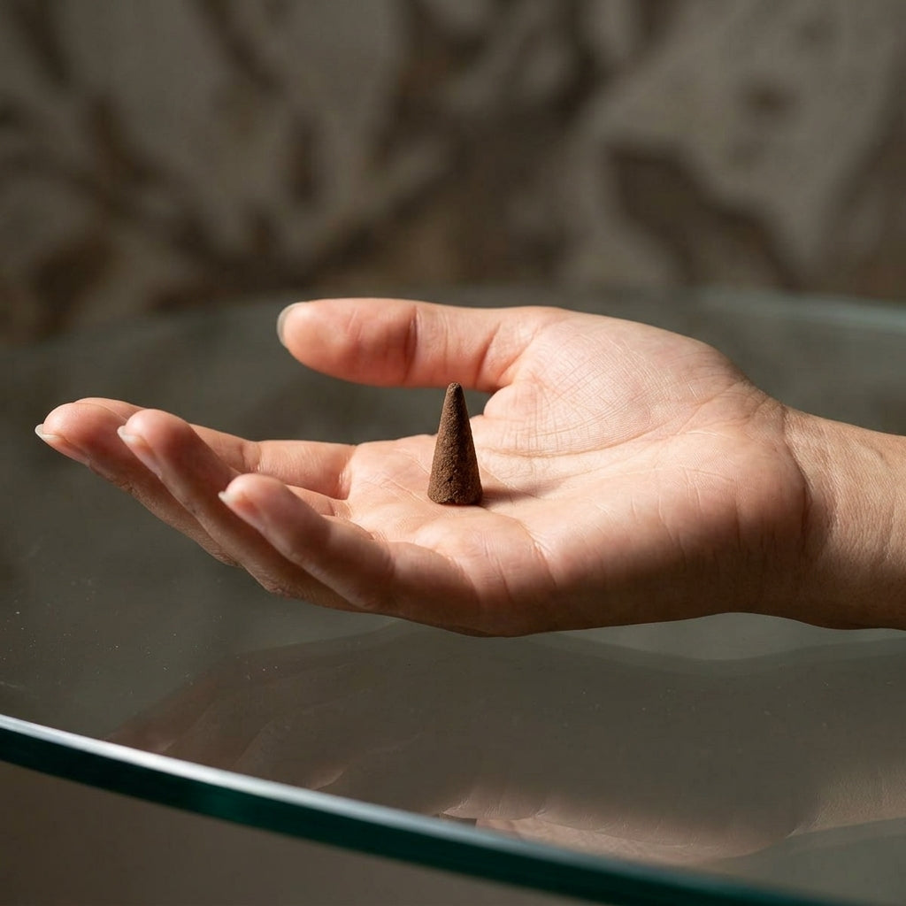 Close-up of a tiny Bali Teak & Tobacco incense cone on a glass surface with subtle reflections, illuminated by soft natural light highlighting intricate details.