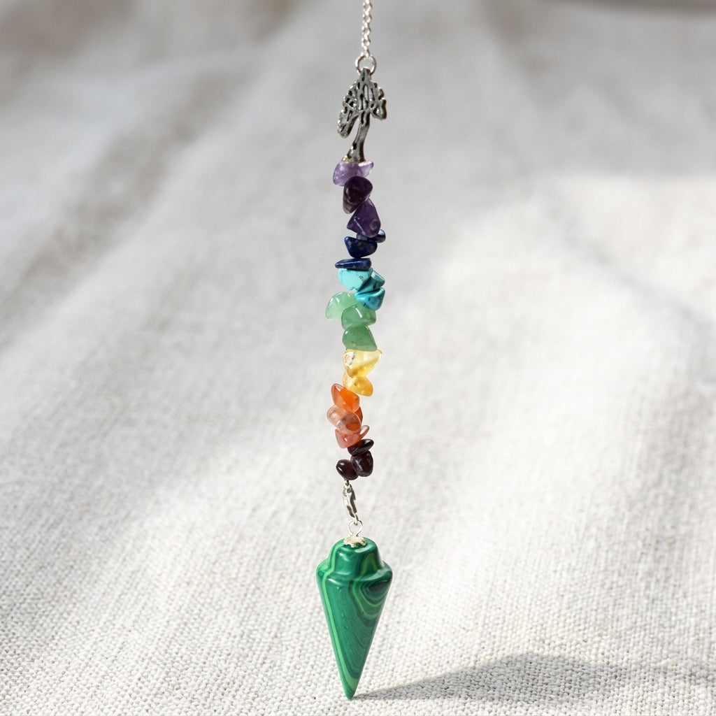 Tiny Malachite Tree Chakra Pendulum swinging over white fabric, showcasing micro-textures and grounding energy.