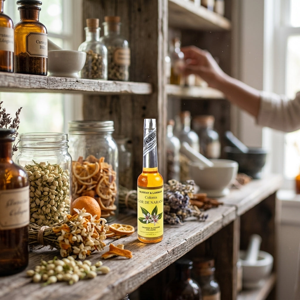 Tiny Peruvian Orange Blossom Cologne bottle on a herbal apothecary shelf with diffused daylight.