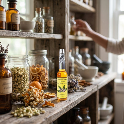 Tiny Peruvian Orange Blossom Cologne bottle on a herbal apothecary shelf with diffused daylight.