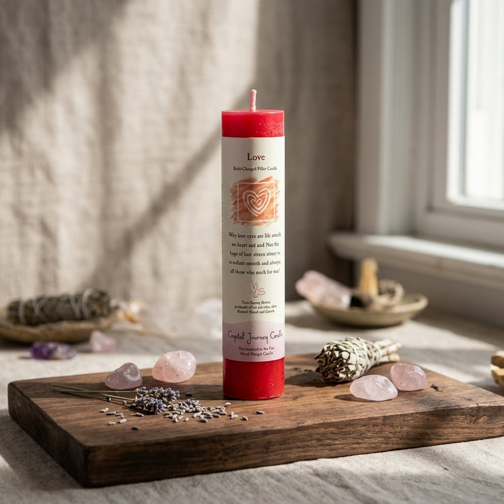 Full view of a small red Love Reiki Charged Candle on an altar with rose quartz and herbs in a cozy spiritual setting.