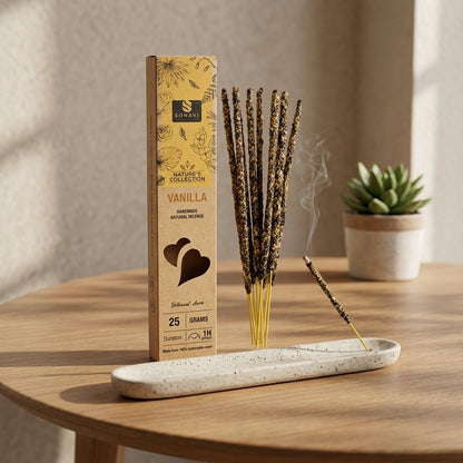 Small vanilla incense stick in a sleek ceramic holder within a peaceful modern meditation corner.