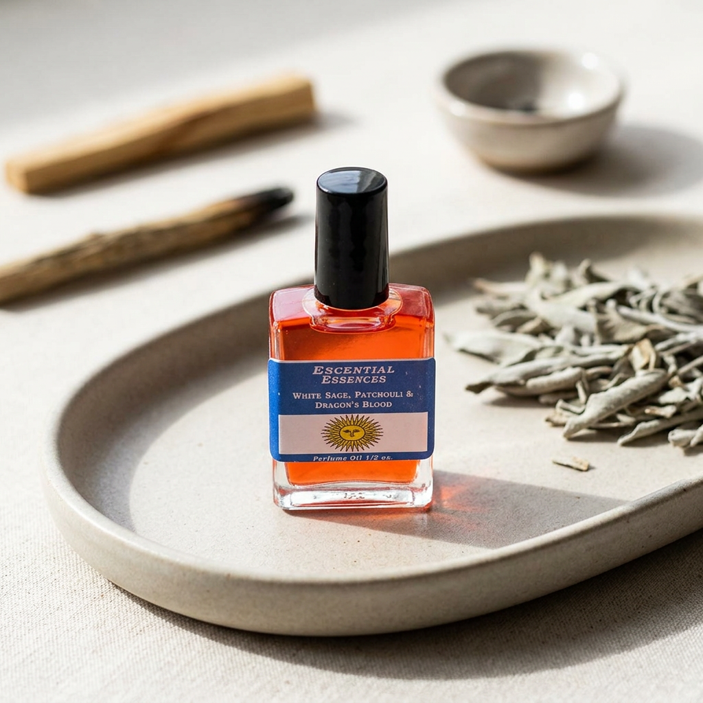 Elevated view of a 1/2oz essential oil bottle on a matte ceramic tray with sage and ritual accessories in background, emphasizing authenticity and quality.
