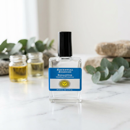 Full-body scene of small eucalyptus perfume oil bottle on white marble in a modern skincare studio with natural lighting.