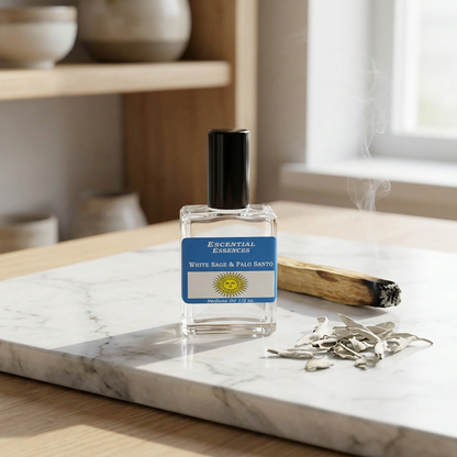 Photorealistic scene of a tiny white sage and Palo Santo oil bottle on a polished marble surface with herbs and burning Palo Santo.