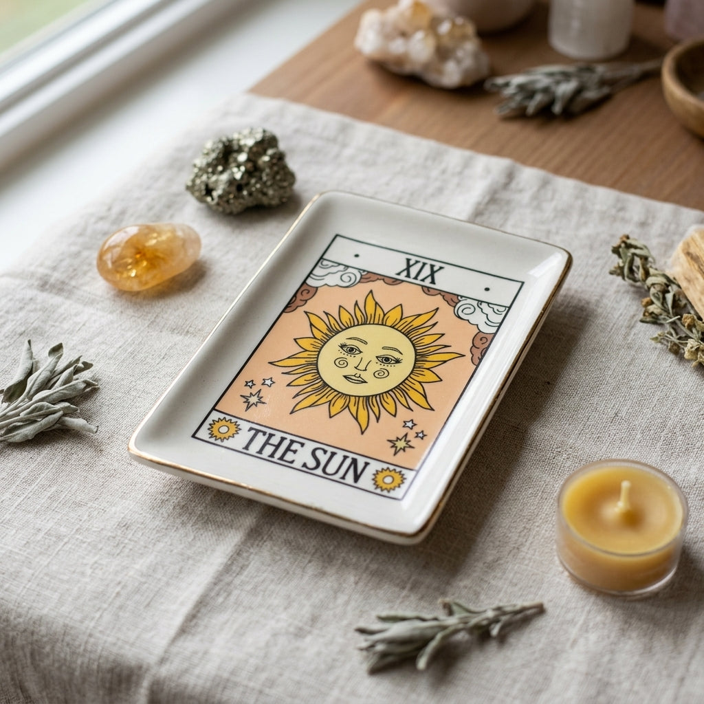 Close-up of Sun Tarot Energy Dish with crystals on neutral fabric, emphasizing ceramic craftsmanship and gold details.