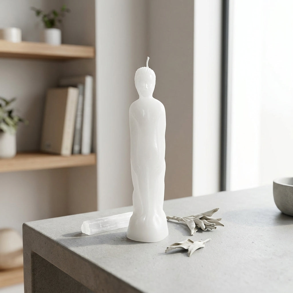 Photorealistic rendering of a small white candle in a modern ritual space with natural light, surrounded by ritual tools for protection and purification.