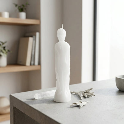 Photorealistic rendering of a small white candle in a modern ritual space with natural light, surrounded by ritual tools for protection and purification.