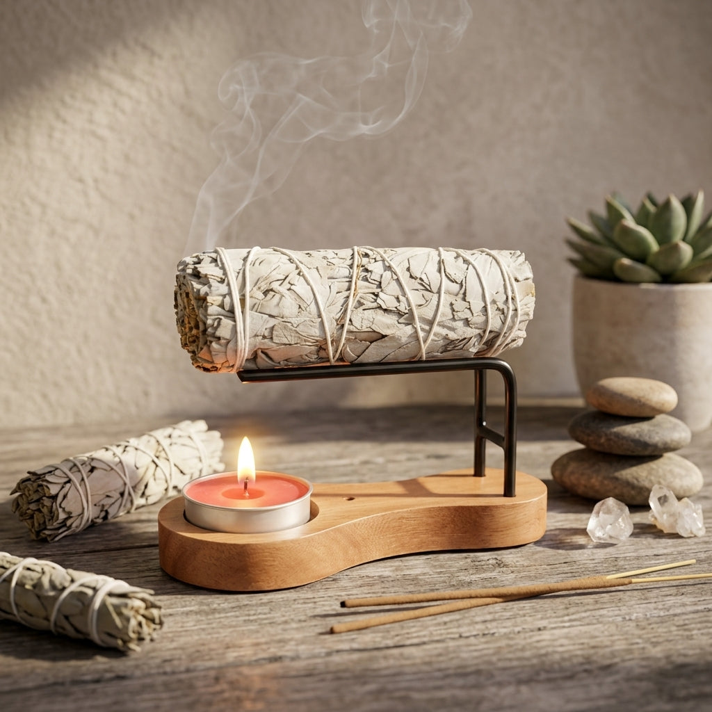 Full view of sage and incense burner on an altar with sage sticks, incense, and lit tealight in a cozy, softly lit space.