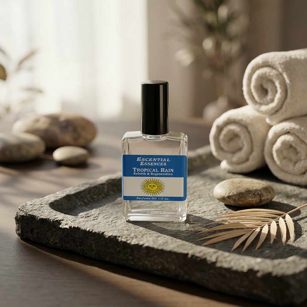 Stylized tabletop scene with 1/2oz Tropical Rain essential oil on stone-textured tray, featuring warm ambient lighting and natural background elements.